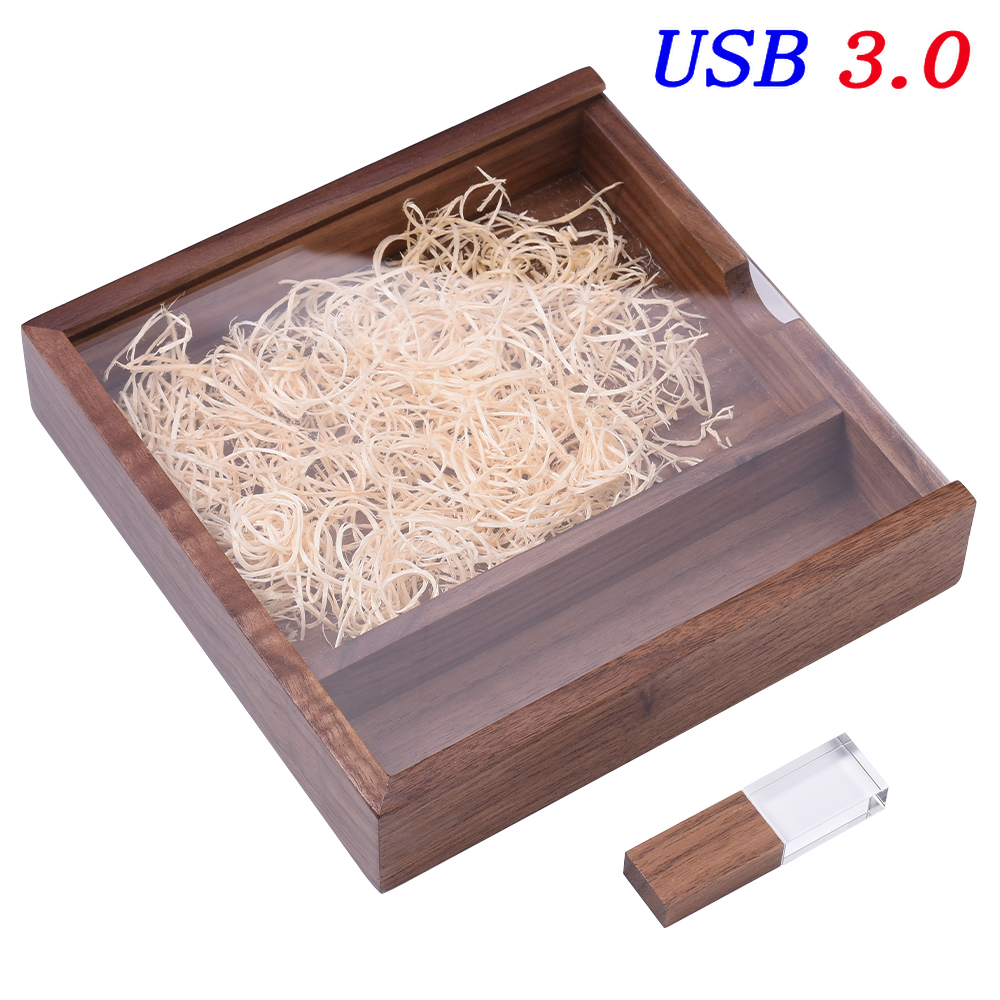 JASTER USB 3.0 Flash Drive Crystal walnut wood box Pen Drive Free custom logo Memory Stick Photography Wedding Pendrive 64G: Red / 8GB