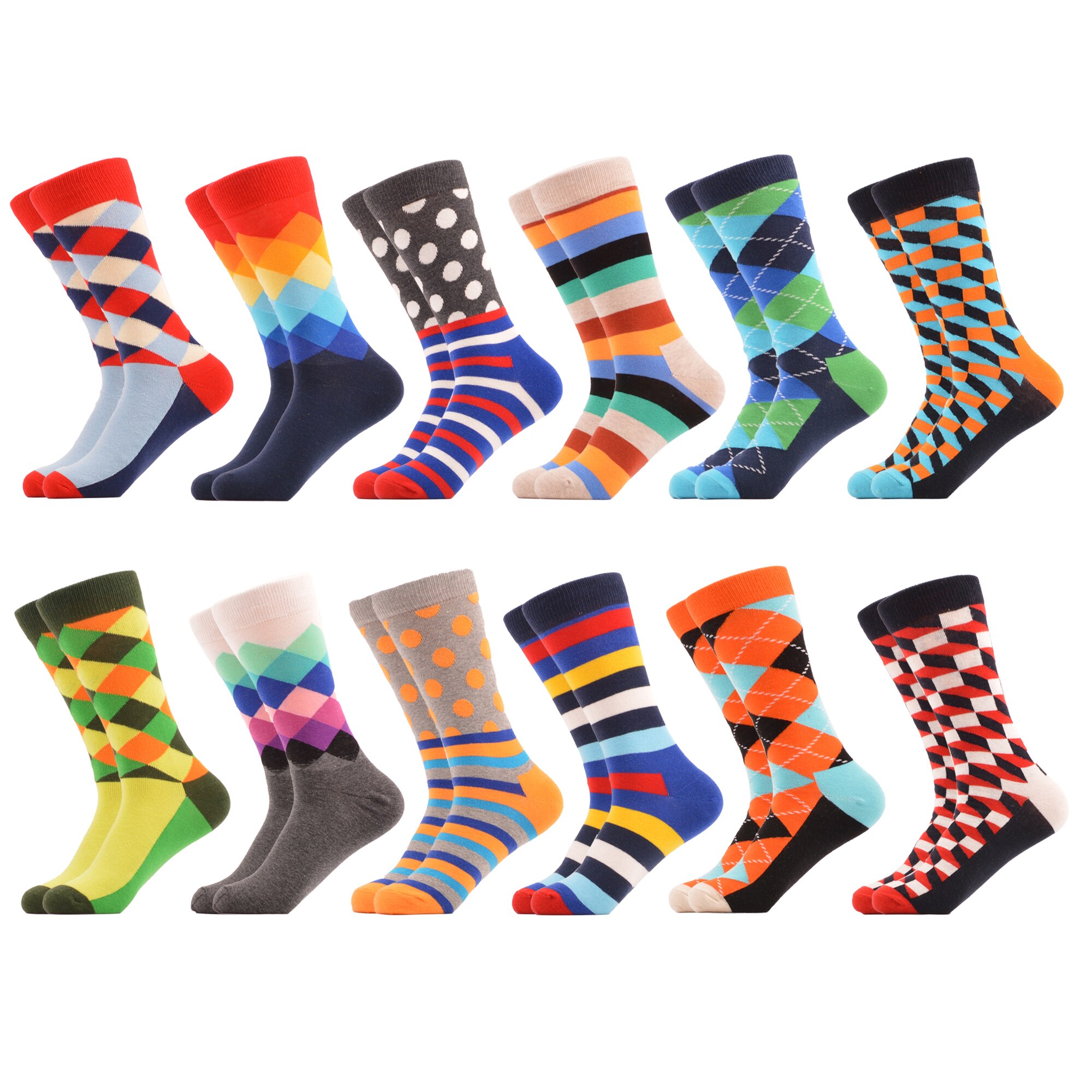 SANZETTI-chaussettes pour hommes, style Hip Hop, en coton peigné, haute couleur, nouveauté, Skateboard, motif géométrique, motif Harajuku,: 06993 (12 pairs)