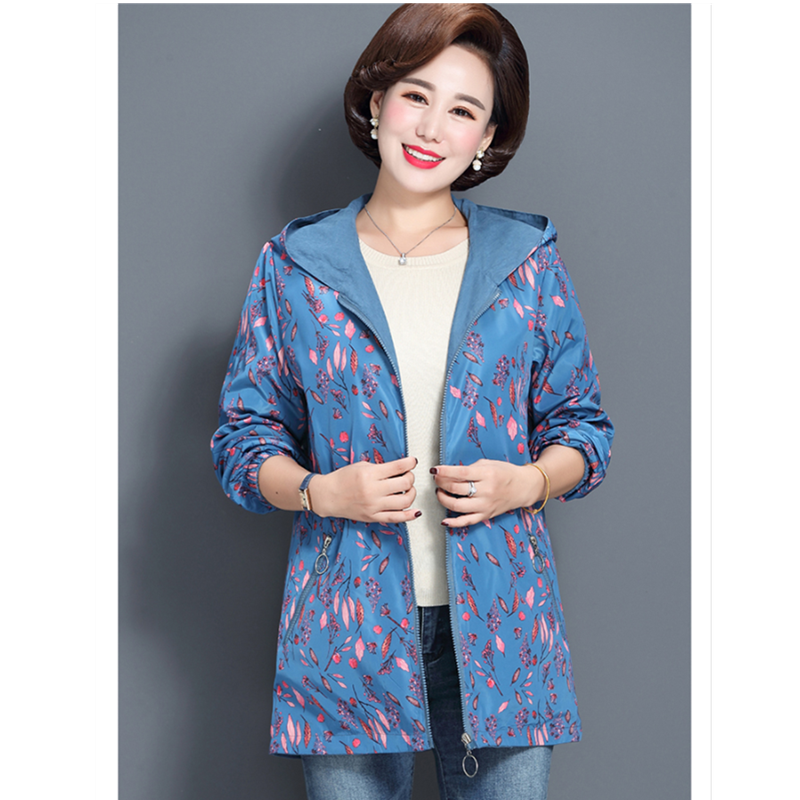 Women Trench Coat Spring Autumn Print Thin Female Both Sides Wear Overcoat Middle Aged Mother Hooded Windbreaker W1873