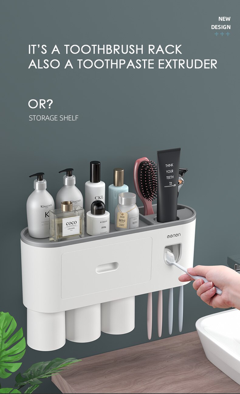 Toothbrush Holder Wall Automatic Toothpaste Squeezer Dispenser Magnetic Adsorption Inverted Cup Storage Rack Bathroom Accessorie