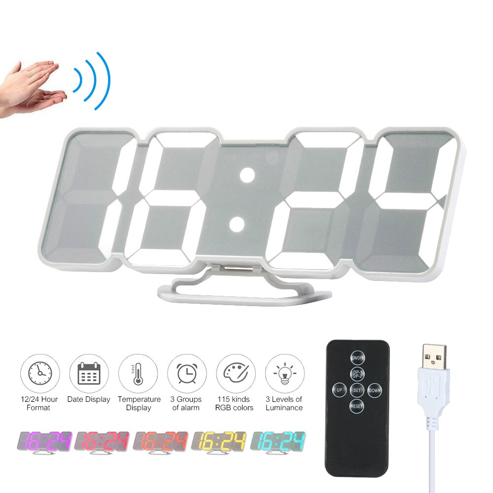 3D Wireless Remote Digital Alarm Clock USB Powered Temperature/Date Display RGB LED 3-Level Brightness Sound Control Wall Clock