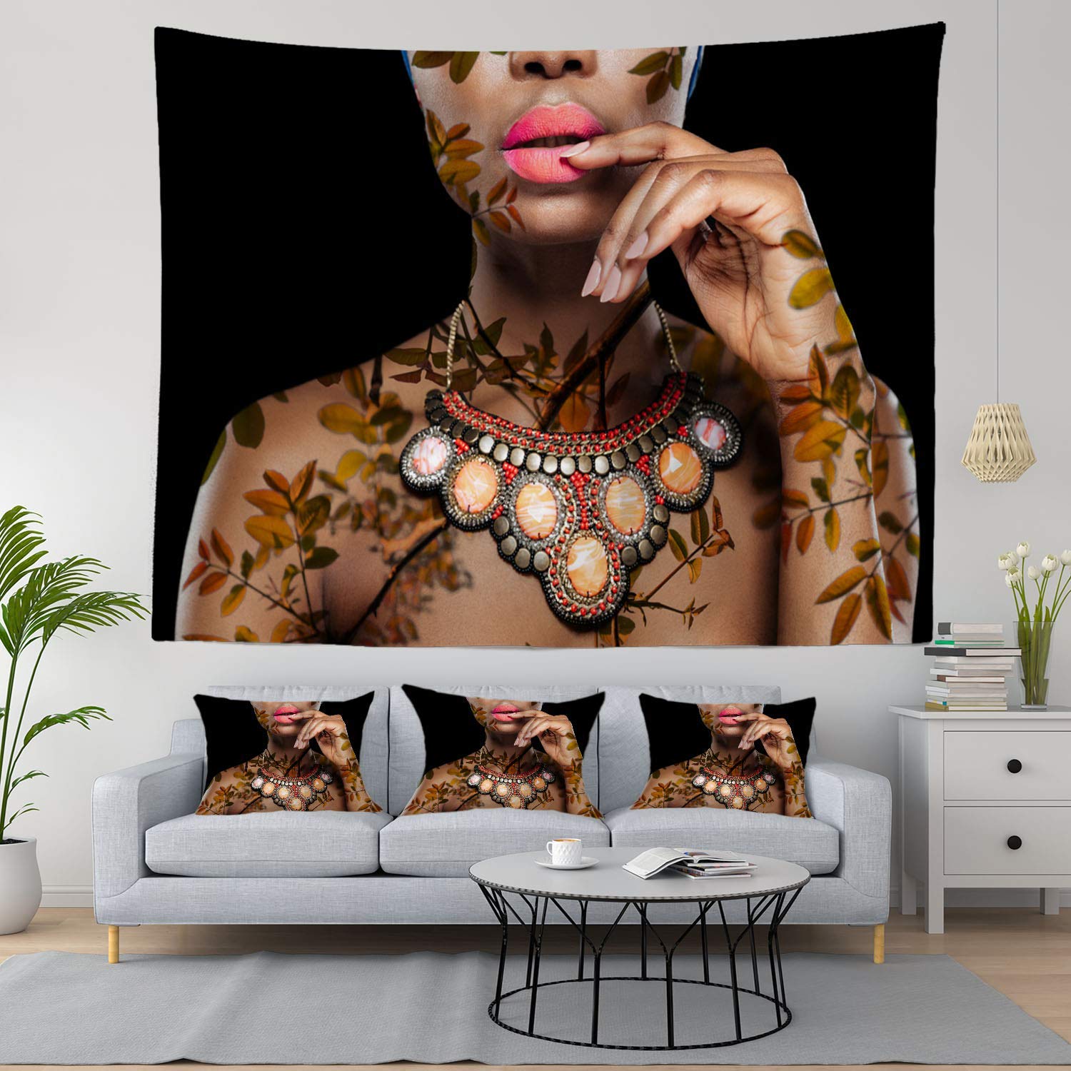 Afrikaanse vrouw met haar lippen, zwart afrika wandkleed, groot wandtapijt