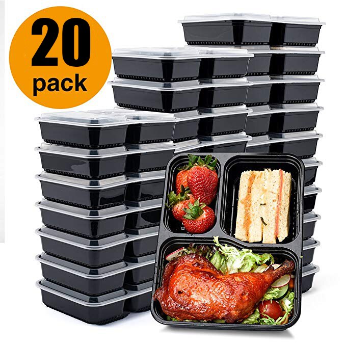 20Pcs 3 Compartiment Freshware Maaltijd Prep Containers Voedsel Opslag Containers Doos Magnetron Veilig Lunchboxen Bento Box Met Deksel