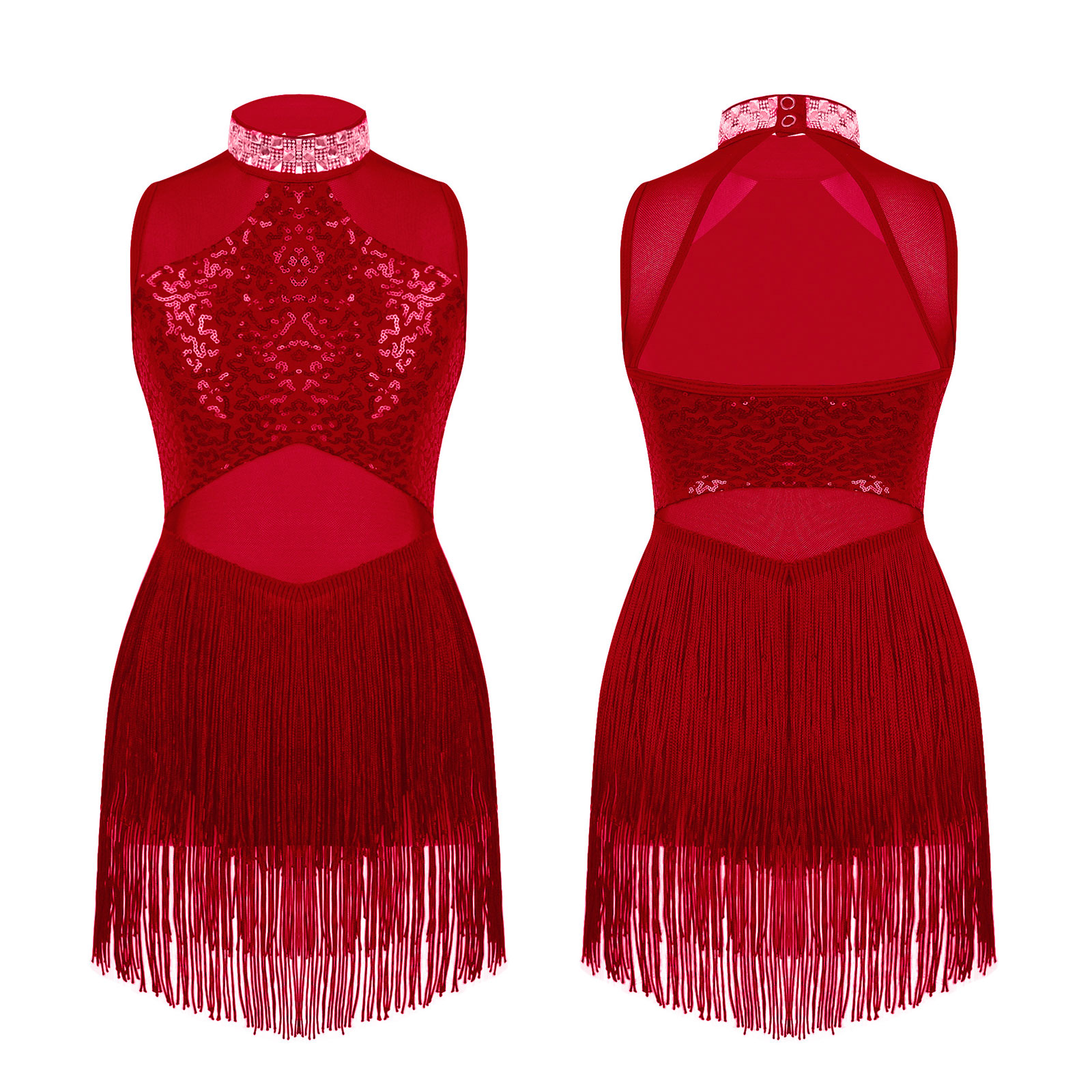 Vestido de baile latino para niñas, lentejuelas brillantes, malla transparente, dobladillo con borlas, Ropa de baile de Jazz moderna, leotardo de Ballet, traje de baile de patinaje: M / Castaño