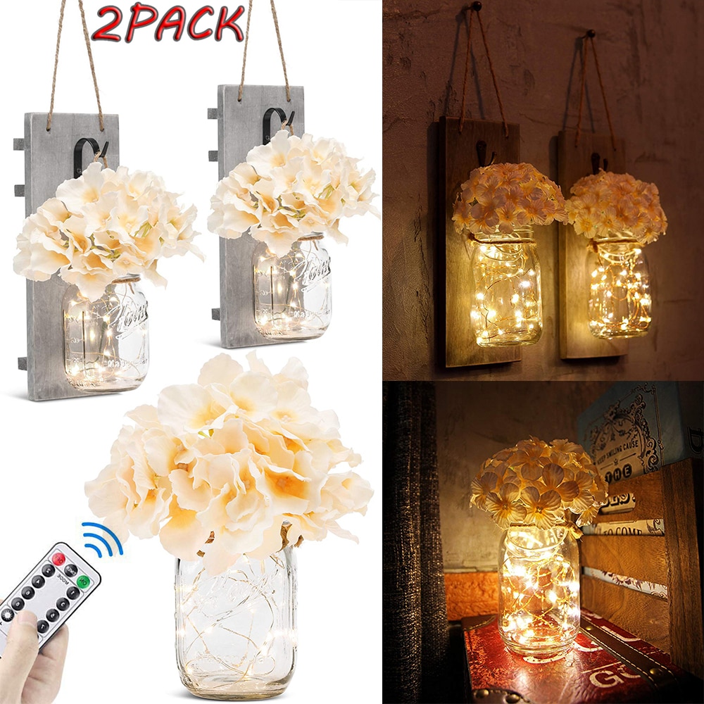 2Pcs Mason Jar Light Remote Control Mason Jar Decor Rustic Wall Sconces Light Hydrangea Flowers LED Strip Lights Mason Jar Light