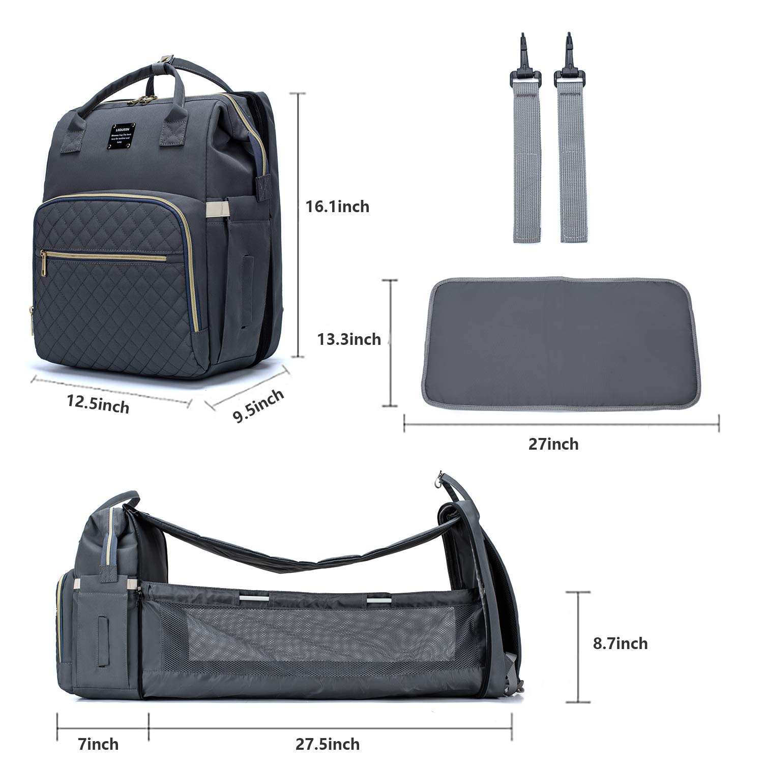 3 in 1 Windel Rucksack mit Ändern Bahnhof Stubenwagen Kinderwagen Riemen Thermische Taschen Tragbare Baby Tasche mit USB Ladung Hafen: dunkel Grau