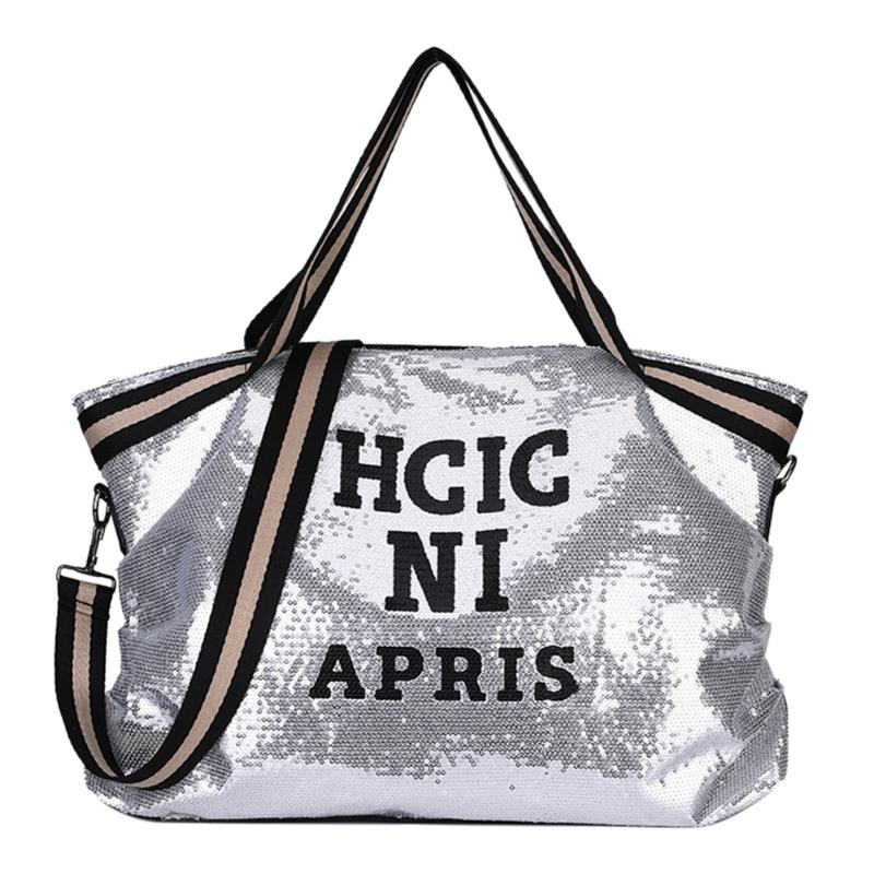 Travel Messenger Bag Women Girl Sequin Shoulder Shopping Crossbody Large Capacity Handbag Letters Printing Top-Handle Bags: Sliver