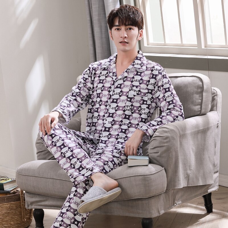 Men's Cotton Sleepwear Set Loungewear Men Sleep Shirt Trousers Plaid pijama hombre invierno Winter Man Pajamas for Men: XXL