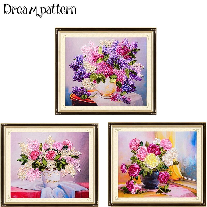 45x50 cm 3D bloemenvaas Lint borduurwerk schilderij set bloemen kits handwerk kruissteek DIY handgemaakte handwerken wall art decor