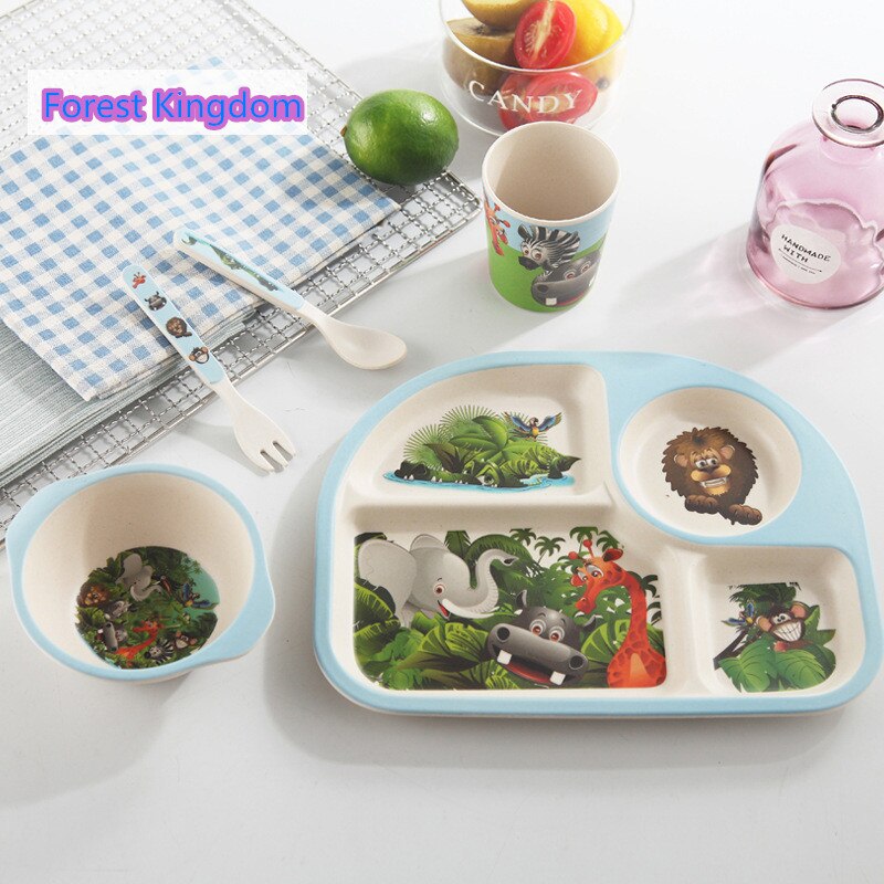 5 stuks babyvoedingsbakjes schattige voedselcontainer van bamboevezels kinderserviesgoed babyservies peuterbord maaltijdschaal: Bosrijk blauw