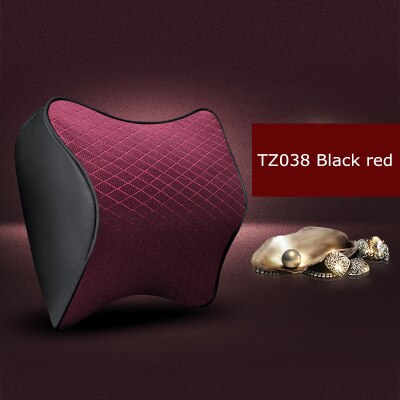 1PCS cute car seat headrest pillow leather solid for the neck rest waist back lumbar support cushion set auto pillow memory foam: TZ038 Black red