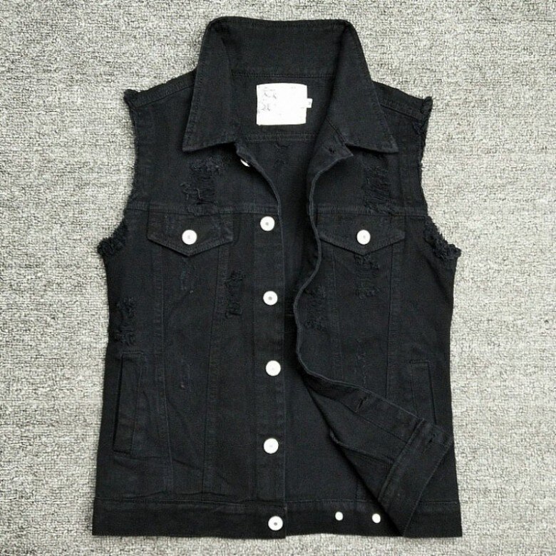 Neue Frühjahr knapp Gedruckt Mens ärmellos Denim Westen Einreiher See Zerrissene Dünne Männlichen Westen Plus Größe: voll Schwarz / XL