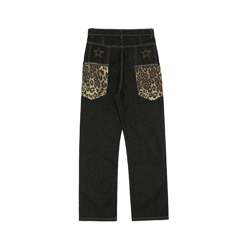 Achterzakken Leopard Stars Borduren Ripped Spliced Heren Denim Broek Lente High Street Oversized Casual Losse Jeans Broek