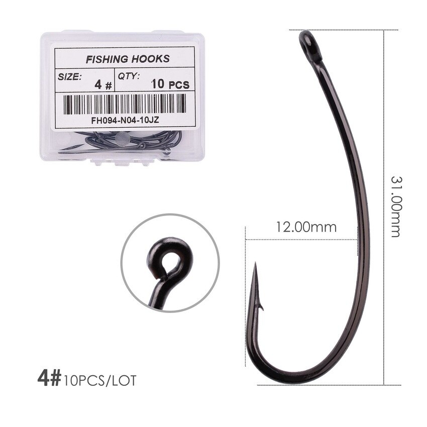 10pcs/ Box Long shank Telflon Coated Carp Fishing Hook Matt Black Fish Hooks Curved Shank Carp Fishing Rig Hooks: Size 4  10pcs