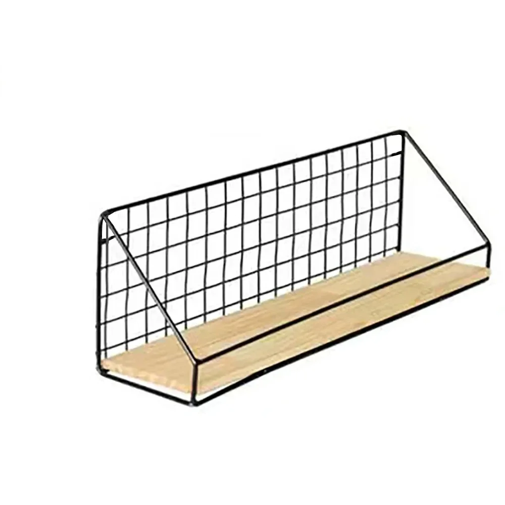 Floating Shelves Wall Mounted Rustic Wood Storage Display Shelf with Metal Wire Basket Hanging Shelf for Kitchen Office Bedroom