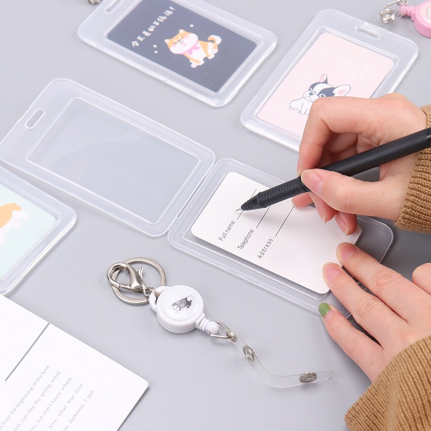 1PC Telescopic Transparent Keychain Double Card Sleeve Sets ID Badge Case Clear Bank Credit Card Badge Holder Accessories
