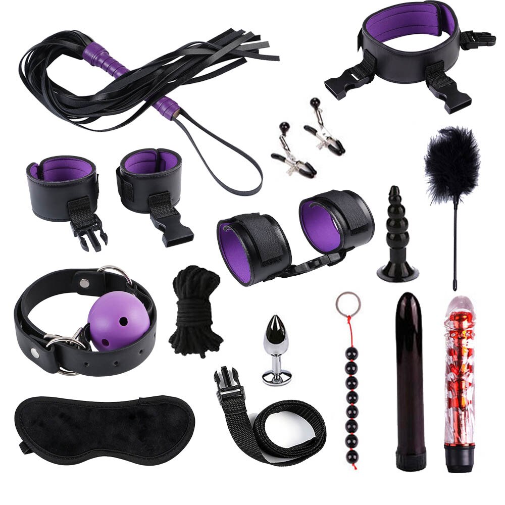 28 stks/set Vrouwen Mannen Speeltjes voor BDSM Spel Handboeien zweep touw Anale plug Mond plug Vibrator Erotische Accessoires Bondage set: purple 14pcs
