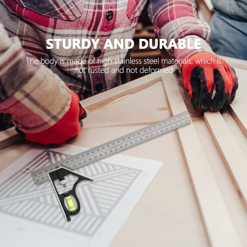 Square Ruler Set Kit 300mm 45/90 Degree Adjustable Engineers Combination Try None Right Angle Ruler with Spirit Level & Scriber