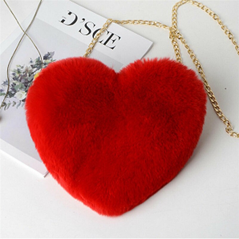 Borsa a forma di cuore da donna borsa a tracolla a catena femminile di moda borsa a tracolla a spalla in peluche amore regalo di san valentino: Rosso