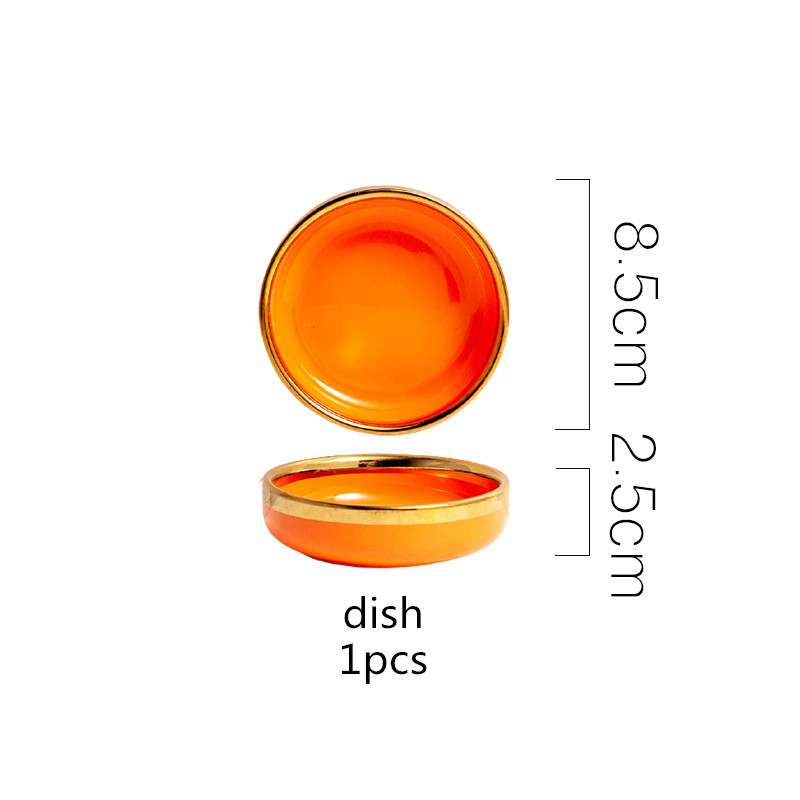 High Bright Gilt Rim Orange Porcelain Dinner Tray Kitchen Plates Ceramic Tableware Food Dishes Rice Salad Noodles Bowl: dish 1pcs