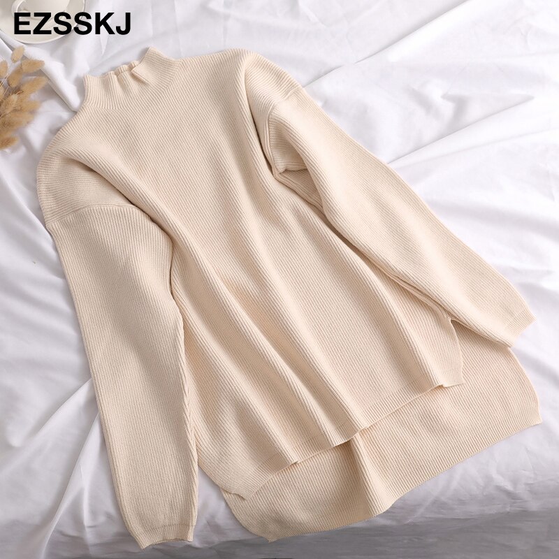 Pull ample femmes pull décontracté col roulé à manches longues chic surdimensionné tricot pull femme pulls fendu côté haut: Beige
