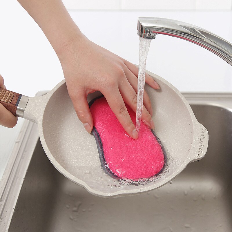 Esponja de limpieza reutilizable para plato de microfibra, estropajo de doble cara, paños sin raspar, Gadget de cocina de descontaminación eficiente