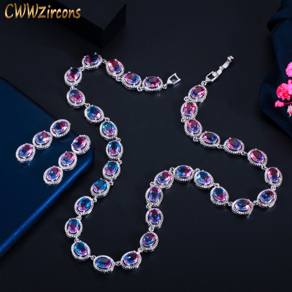 CWWZircons SchöNe Regenbogen CZ Mystischen Stein Runde Tropfen Frauen Partei Halskette Ohrringe Braut Hochzeit Schmuck setzt T520