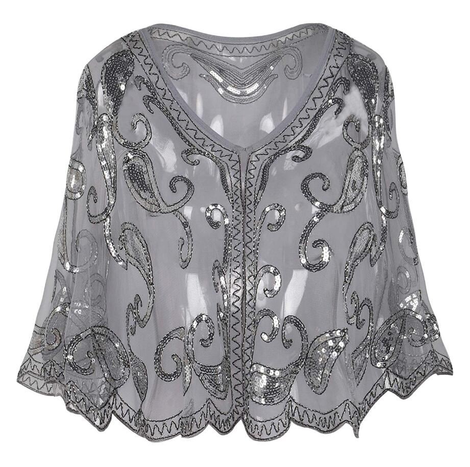 JaneVini paillettes scintillantes Capes de soirée pour femmes or noir perles fête de mariage enveloppes de mariée Boleros manteau étoles Cape de mariée: Gray Silver