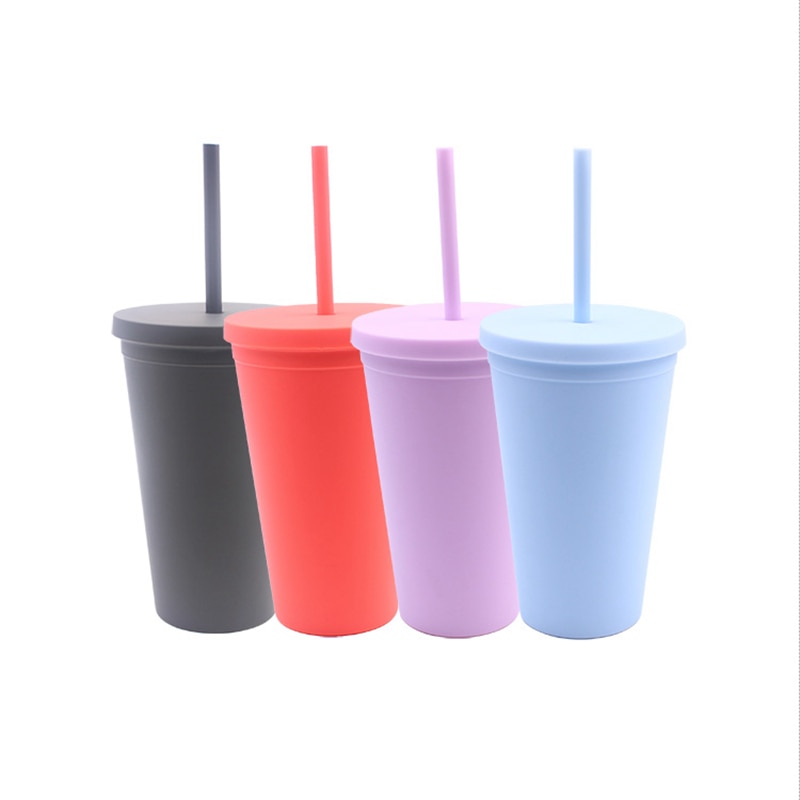 4 Colors Acrylic Reusable Double Wall Tumblers with Lids and Straws Thermal Insulation Straw Cup Coffee Water Cup