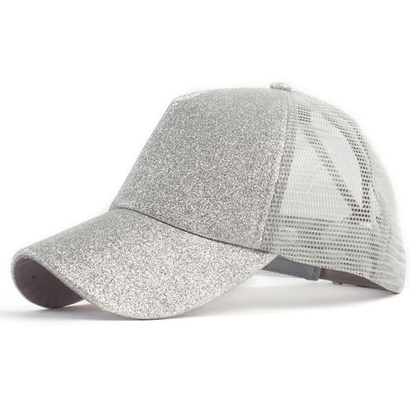 Damehat glitter høj hestehale hul kasket 5 #39 mesh trucker baseball cap guld sølv hvid sort pink brun blå: Sølv