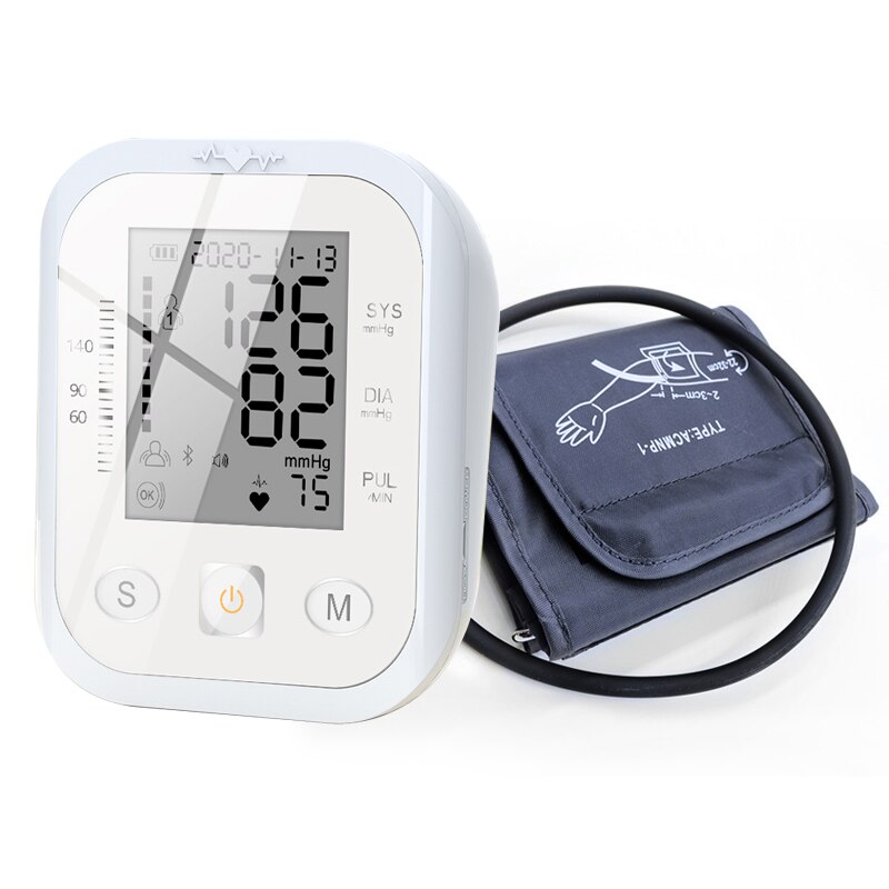 Digital BP Monitor Upper Arm Blood Pressure Monitor Automatic Sphygmomanometers Heart Rate Tester Hypertension Health Monitoring: white