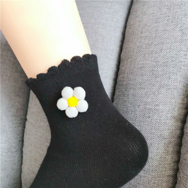 Lolita japonaise Kawaii chaussettes Lolis douces tournesol chaussette courte vague coton chaussette femmes Cos Lolitas bas 1 paire chaussette: black