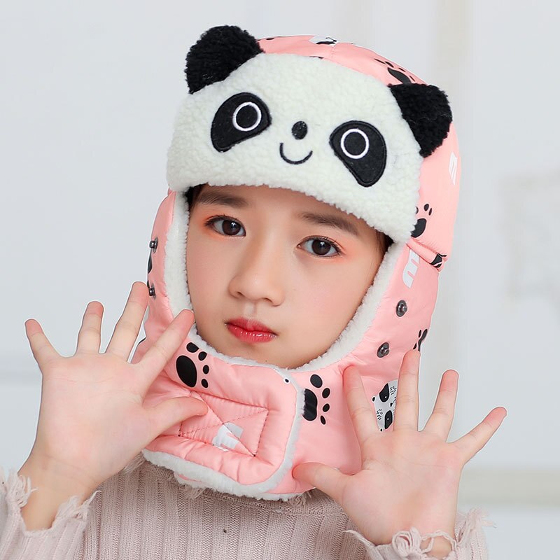 Gorros de bombardero afilados de panda para niño y niña, gorro de invierno con bufanda, máscaras de cuello, gorro de nieve de algodón, orejeras, sombrero ruso, máscara cálida