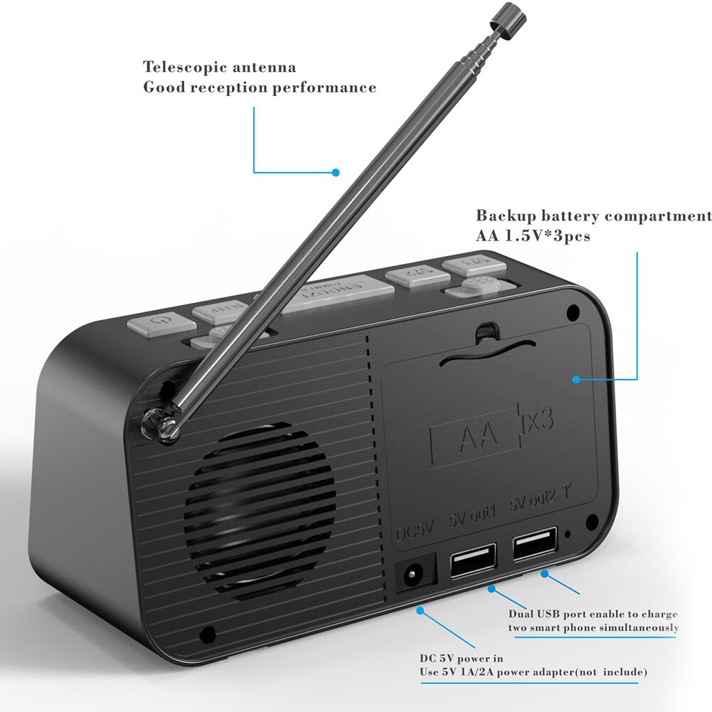 Digital Alarm Clock DAB FM Radio USB Rechargeable Backlight Adjustable Alarm Volume Alarm Clock Radio with Antenna