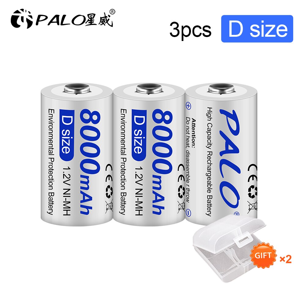 PALO D Size R20 Rechargeable Battery 1.2V NIMH D Cell Batteries 8000mAh for Toys,Radio,Microphone,Gas Cooker D battery: 3pcs