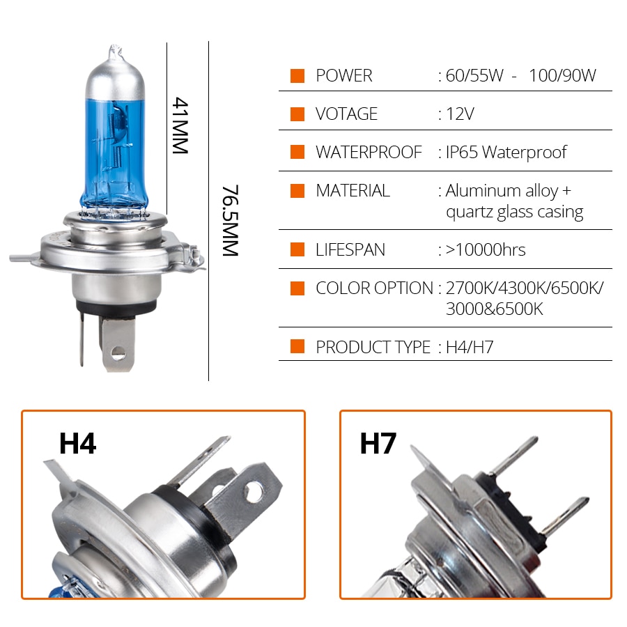 1 pc meetoo  h7 h4 halogenlampor för bilstrålkastare lampa halogen  h4 h7 55w 100w 12v 2700k 4300k 6500k kvartsglaslampor för bilar