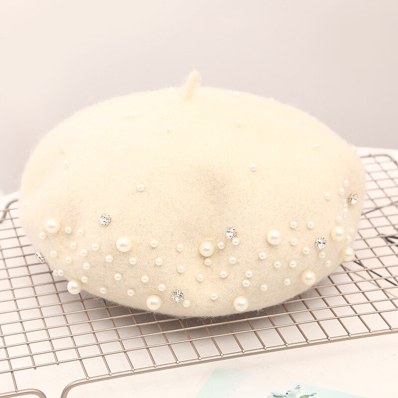 Vinter ull beret med rhinestone perler perler kvinnelig lue høst vårlue kvinner ensfarget caps i fransk stil: Hvit