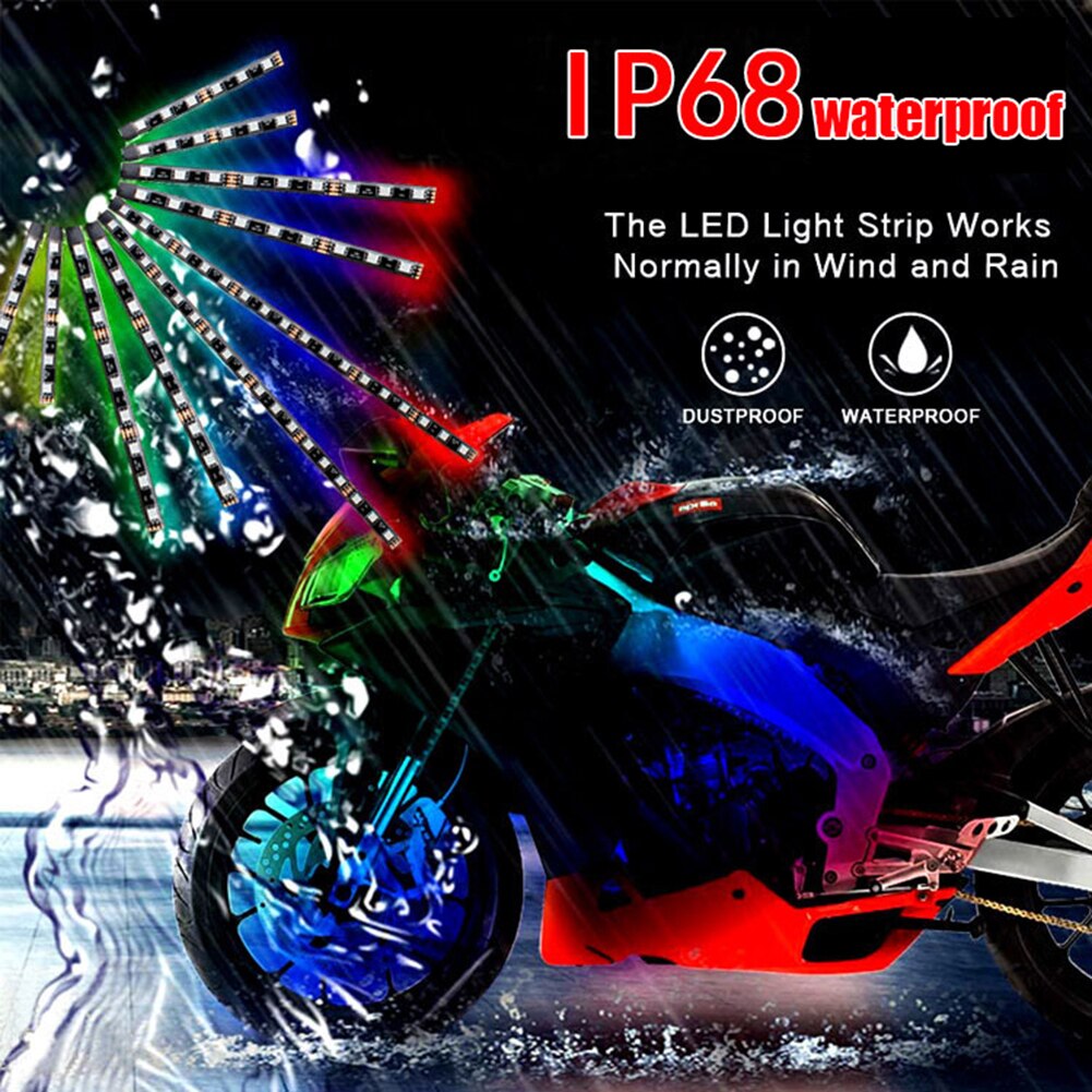 12 stk / sæt motorcykel rgb led strip kit vandtæt rf fjernbetjening + stemmestyring 5050 smd glød underglød jordeffekt atmosfære lys