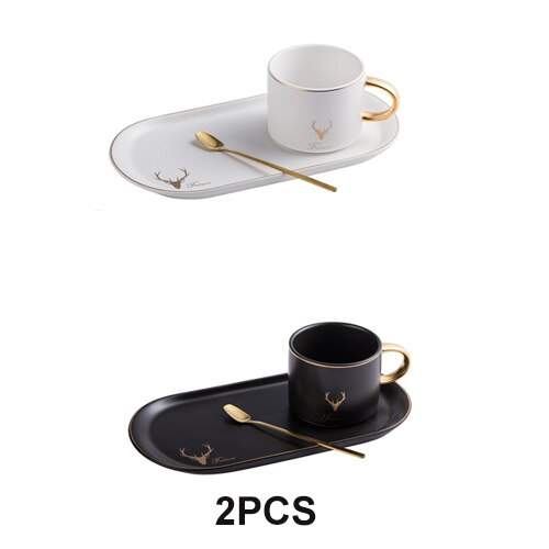 Europese Luxe Gouden Rand Keramiek Koffie Kopjes En Schoteltjes Lepel Sets Met Geschenkdoos Thee Sojamelk Ontbijt Mokken Dessert plaat: BLACK-WHITE