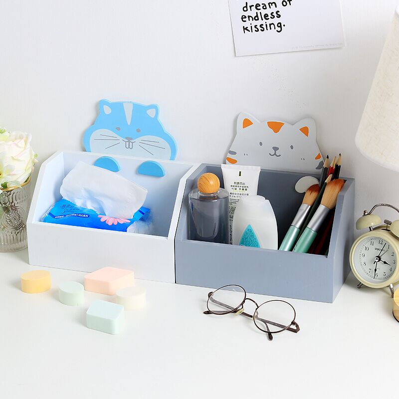 MINKYS Cute Cat Large Capacity Wood Desktop Organizer Pen Holder Desk Storage Box School Office Stationery
