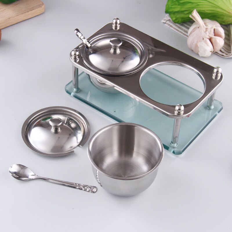 kitchen supplies stainless steel dressing box set, glass support spice jar seasoning bottle salt and pepper