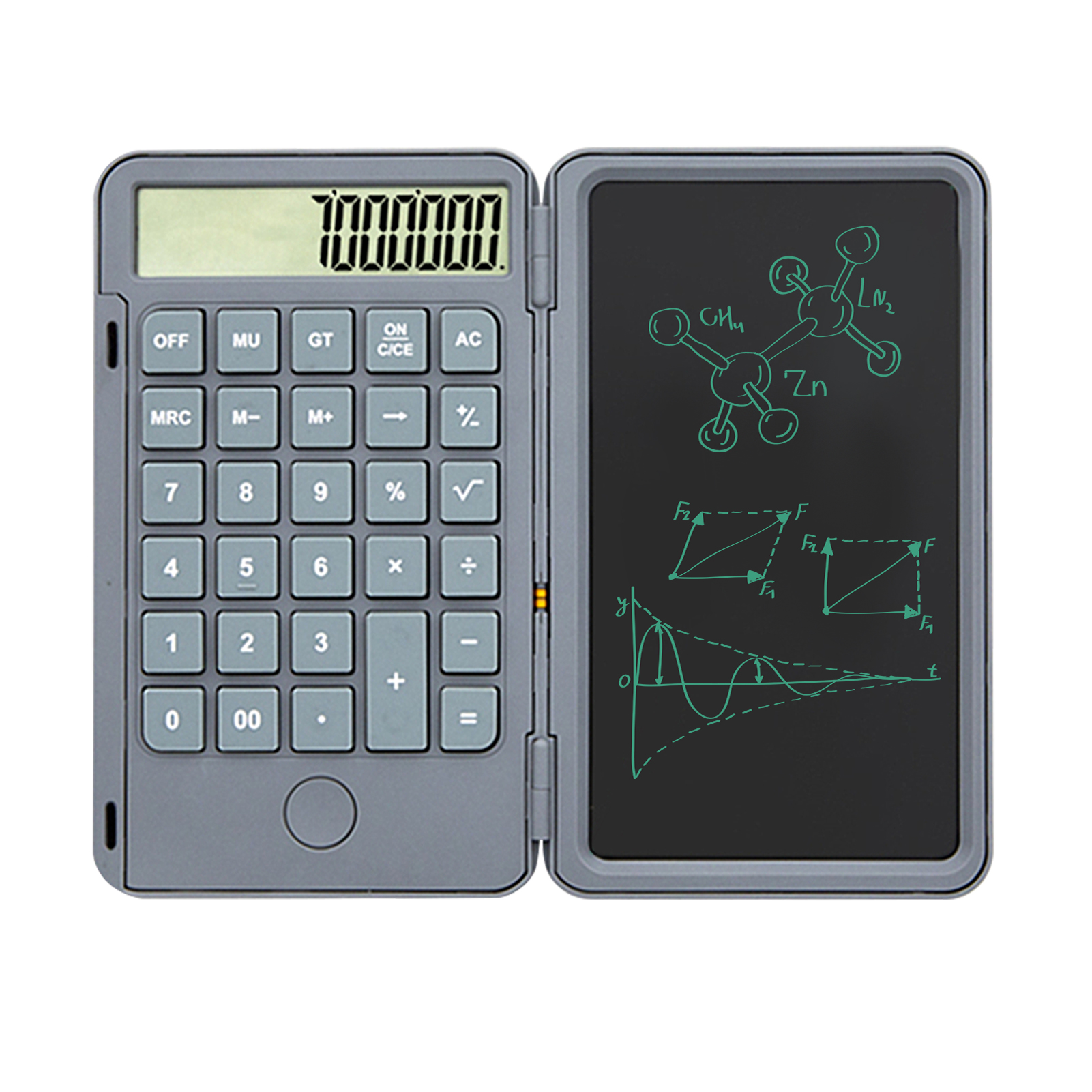 Calculator with 6inch Writing Tablet Portable Foldable Smart Erasable LCD Graphics Board Desktop Calculators 12 Digit Display: Grey