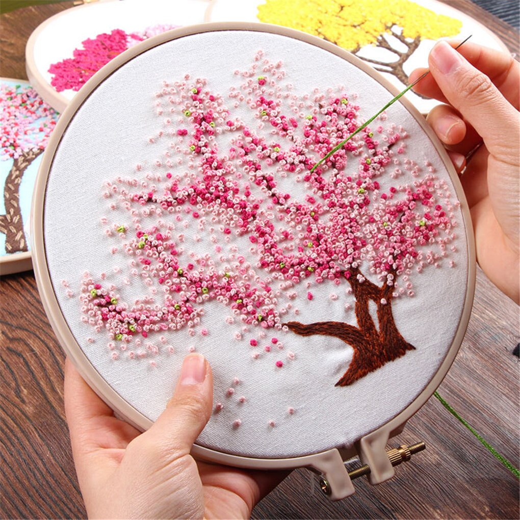 DIY Stamped Embroidery Starter Kit with Flowers Plants Pattern Embroidery Cloth Color Threads Tools Kit