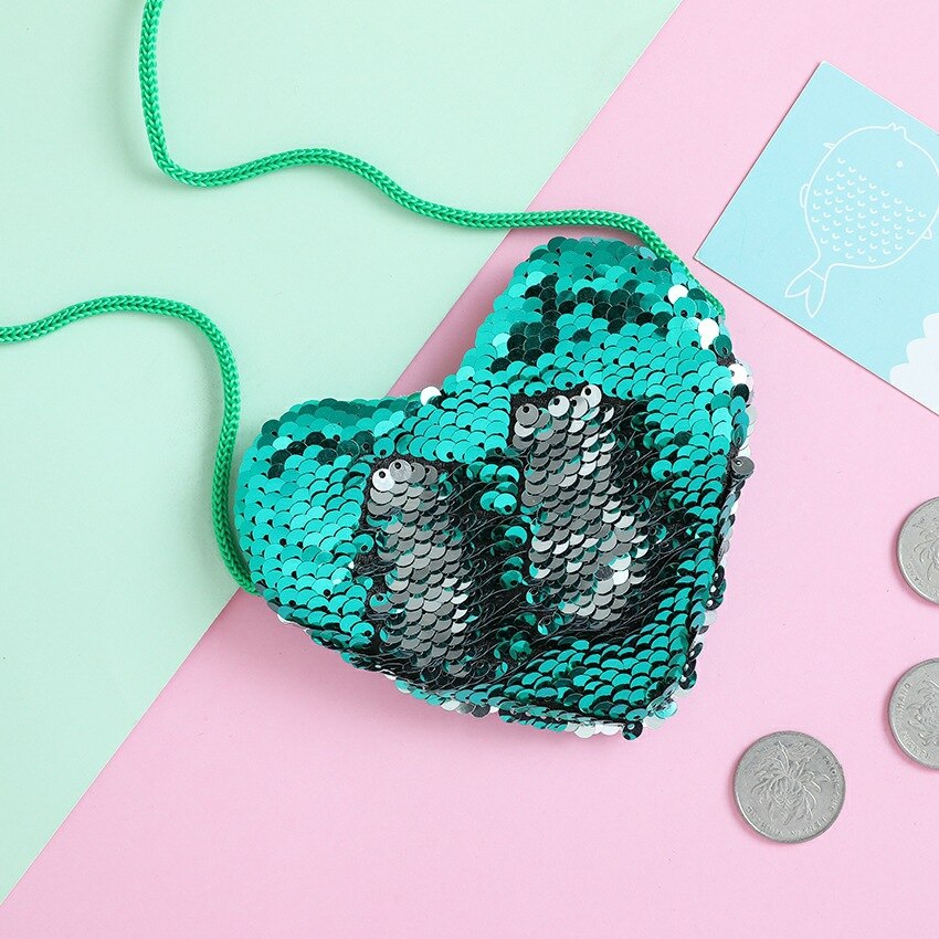 Kid Girls Handbags Sequins Crossbody Bag Messenger Bags Girls Shoulder Bag Heart Shaped Child Bag: Green