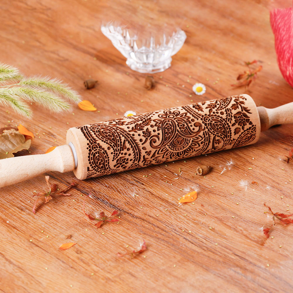 1 pcs Wooden Sunflower Embossed Rolling Pin with Pattern for Kitchen Pastry, Baking Tools, Deep Engraving Cookies Stamp Tool