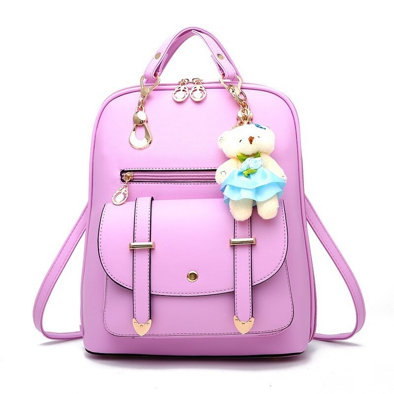 DIOMO Women Backpack Casual Cute for Girl School Bag Pu Leather Bear Pendant Multi-color Optional: Purple