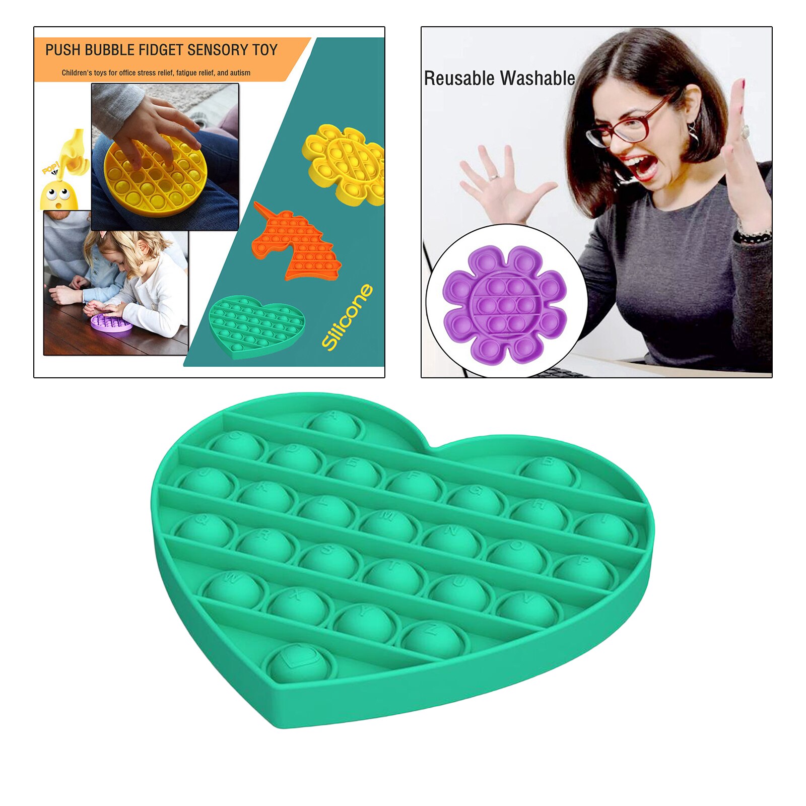 Push Bubble Fidget Sensory Toy Stress Reliever Fidget Toy Game Simple Fidgets Stress Toys Sensory Brain Office Supplie Classroom: Heart Green