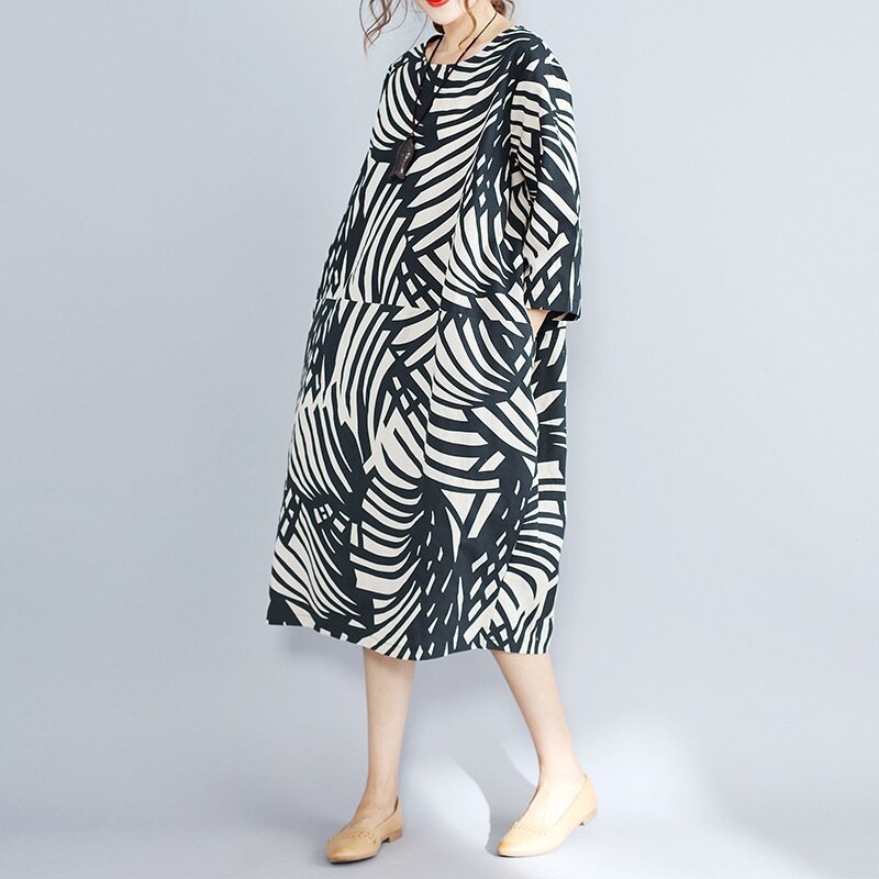 Kåbe vintage femme sommer forår kjole print blomstret bomuld hør koreansk kjole løs oversize boheme kjole  ta1556
