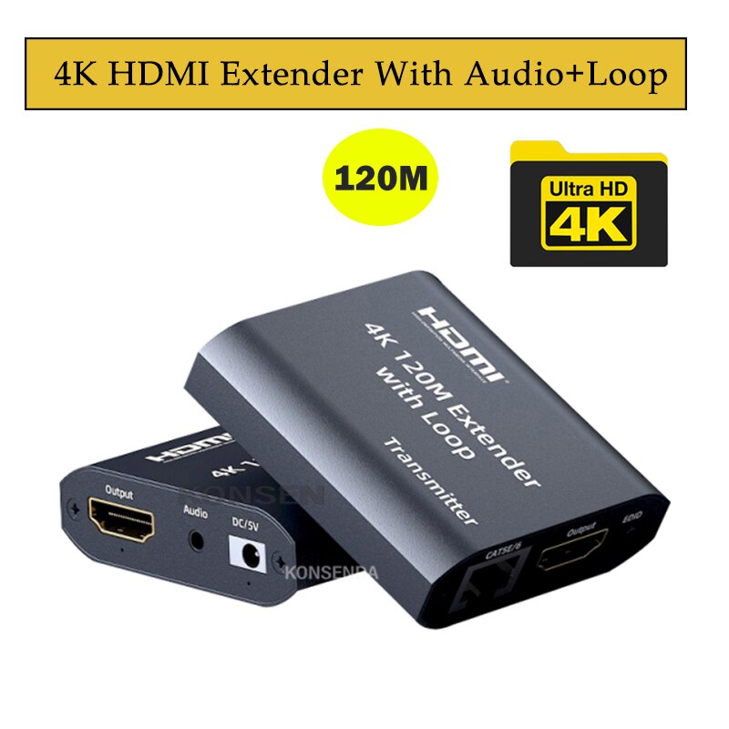 4K HDMI Extender 120M with Loop HDMI via CAT5e/6 RJ45 LAN 1080P 60M HDMI to Rj45 extender With Audio EDID for PS5 HDTV PC laptop: 4K 120M Loop Audio / AU Plug