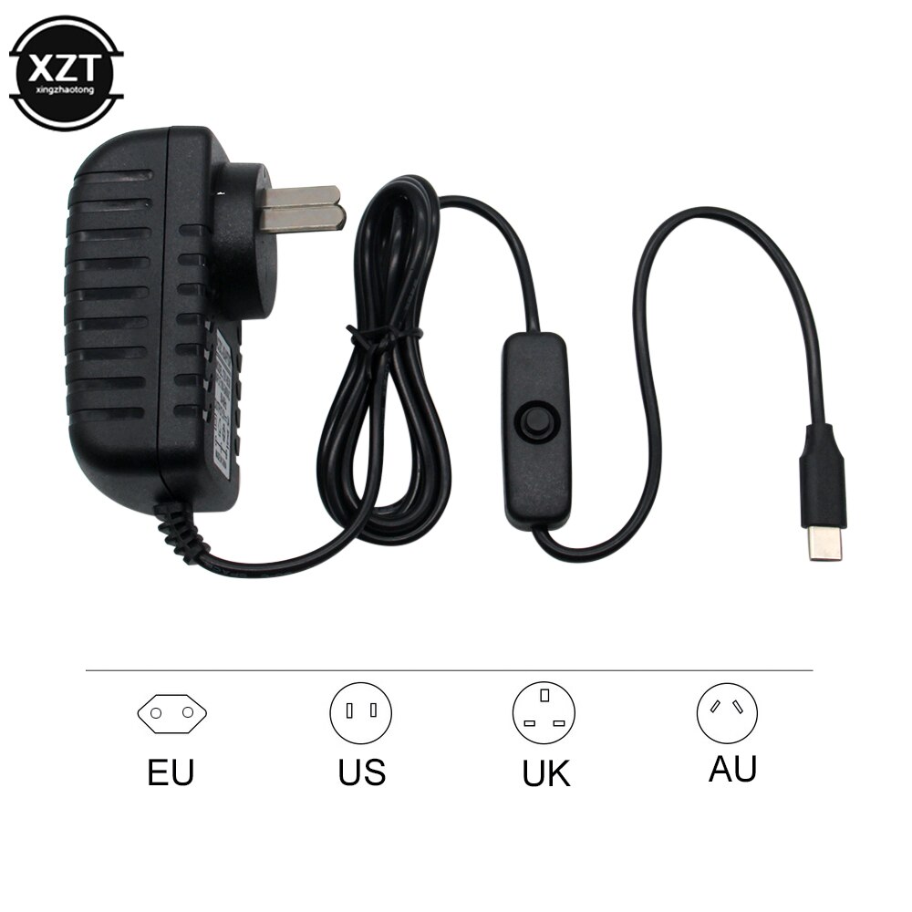 Usb Kabel Voeding Type-C Lader Voor Raspberry Pi 4 Model B Met Aan/Uit Schakelaar 5V 3A Eu Vs Au Uk Charger Adapter